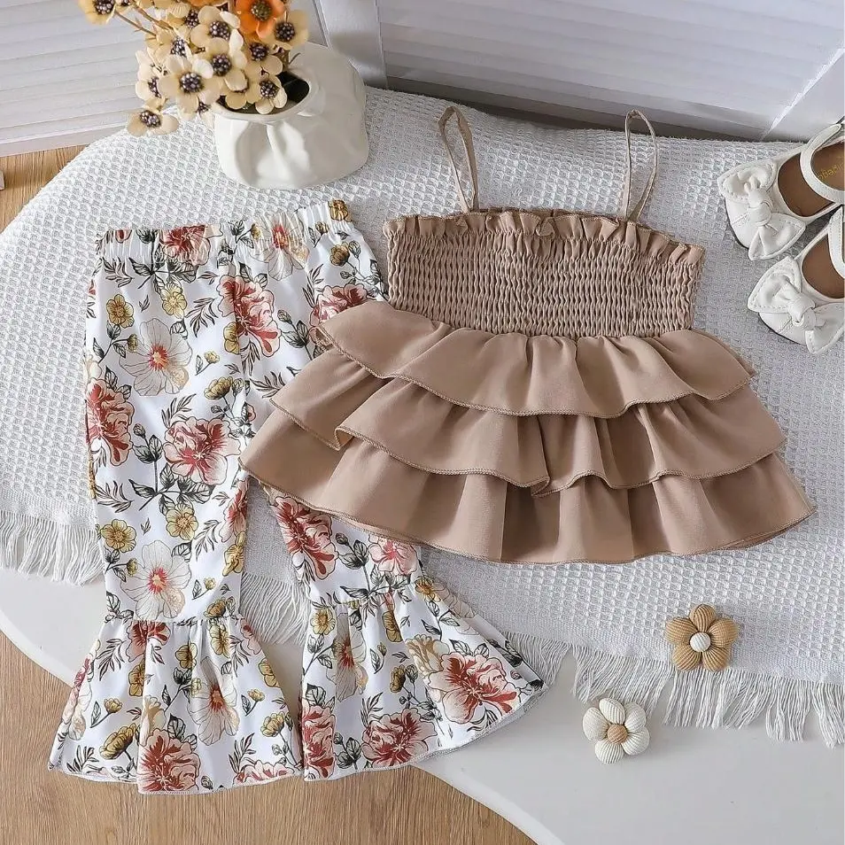 Toddler Baby Girls Summer 2Pcs Outfit, Smocked Ruffle Cami Top + Floral Flare Pants Set, Cute Cake Style Kids Clothes Casual Original Set Gift Sets Essentials Set