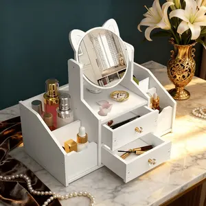 Cosmetics storage box with 360-degree rotating cat head makeup mirror, portable desktop beauty station, easy to assemble, suitable for vanity or bathroom countertop, bathroom countertop storage, gift