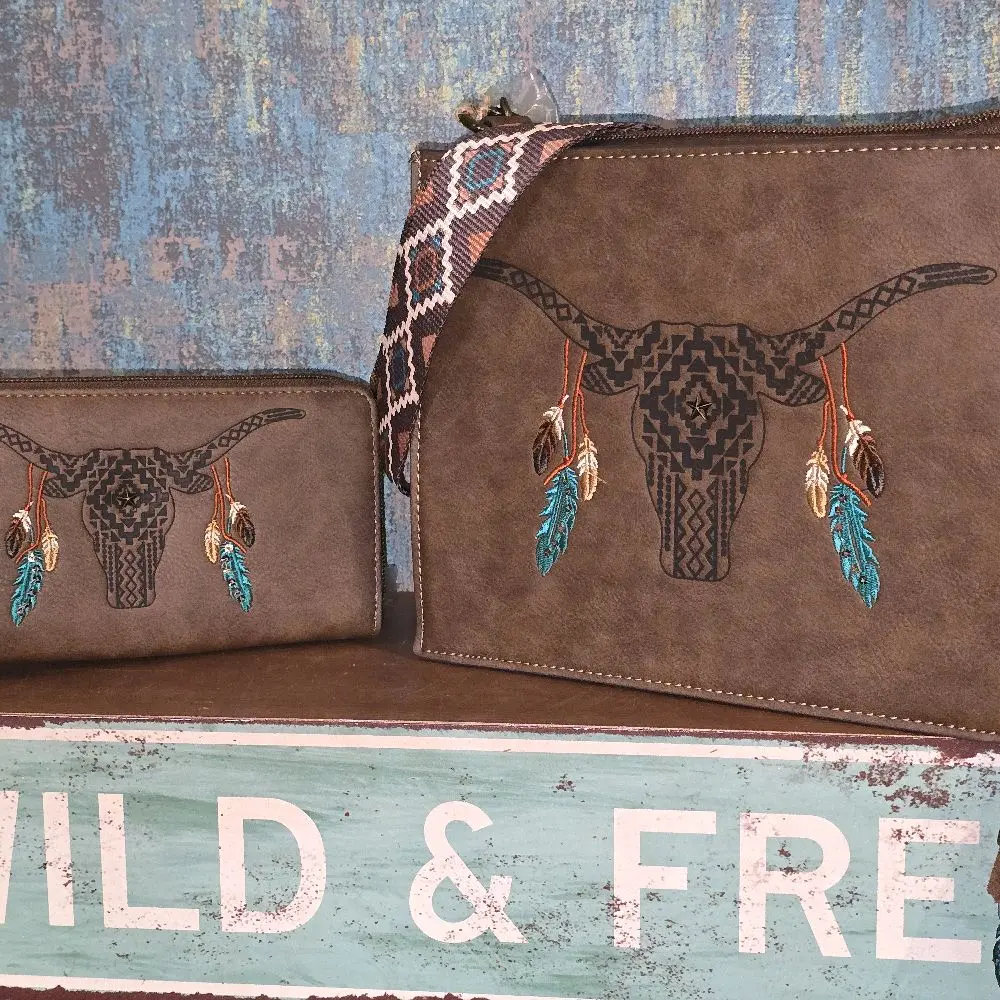 Longhorn & Feather Crossbody + Wallet Set