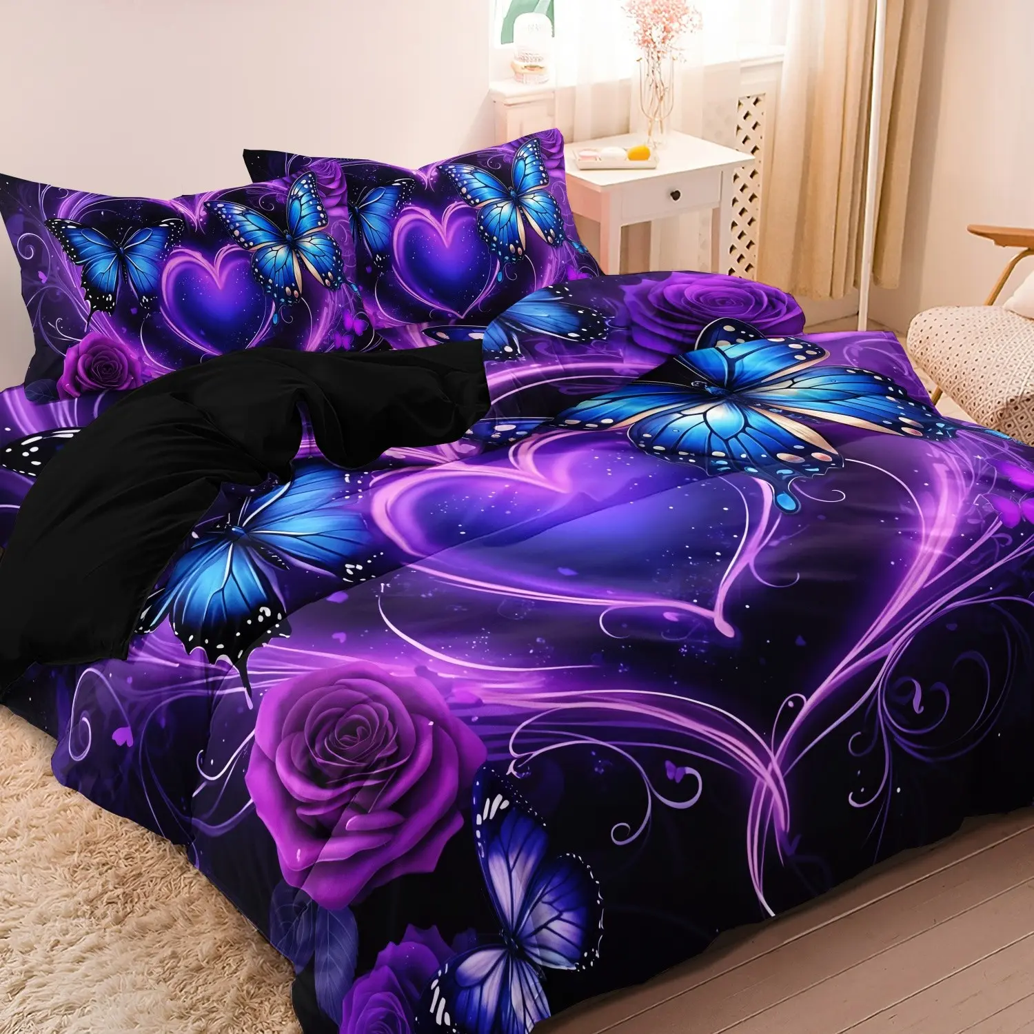 3pcs Purple Dreamy Heart Rose Butterfly Decorative Theme Bedding Set Duvet Cover Set (1 Duvet Cover + 2 Pillowcases, No Core), High-Definition Print for Home Or Dorm Use Gift