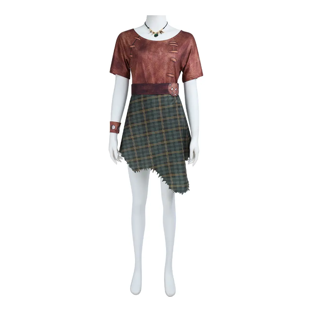 Women‘s Princess Fiona Battle Costume Brown Top Plaid Skirt with Skull Belt for Halloween