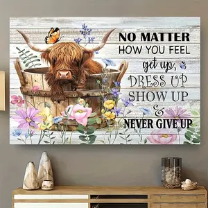 1 piece of inspiring Highland Cow canvas art with wooden frame - Motivational farmhouse wall decor featuring vibrant flowers and butterflies, perfect for the living room, bedroom, or office - An ideal gift for home decor enthusiasts, an inspiring piece of