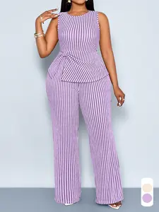 Plus Size wo-Piece Summer Plus Size Elegant Casual Lady Women's Striped Pants Set, Round Neck Sleeveless Top and Wide Leg Long Pants, Fashionable Summer Womenswear
