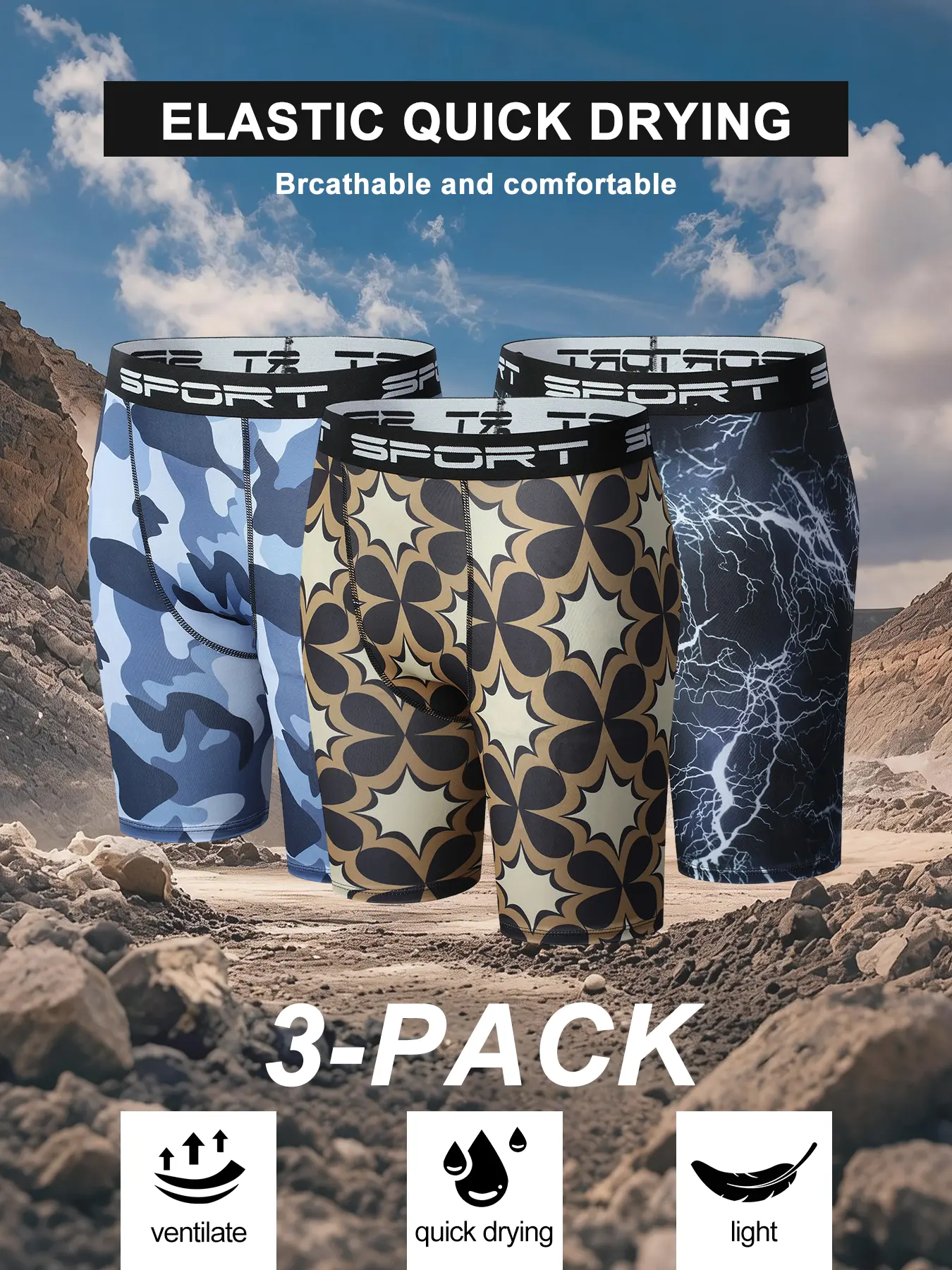 Men's Patterned Compression Shorts 6 Pack/3Pack, Trendy Multi-Print Sport Shorts, 4-Way Stretch Performance Underwear for Running, Gym & Sports