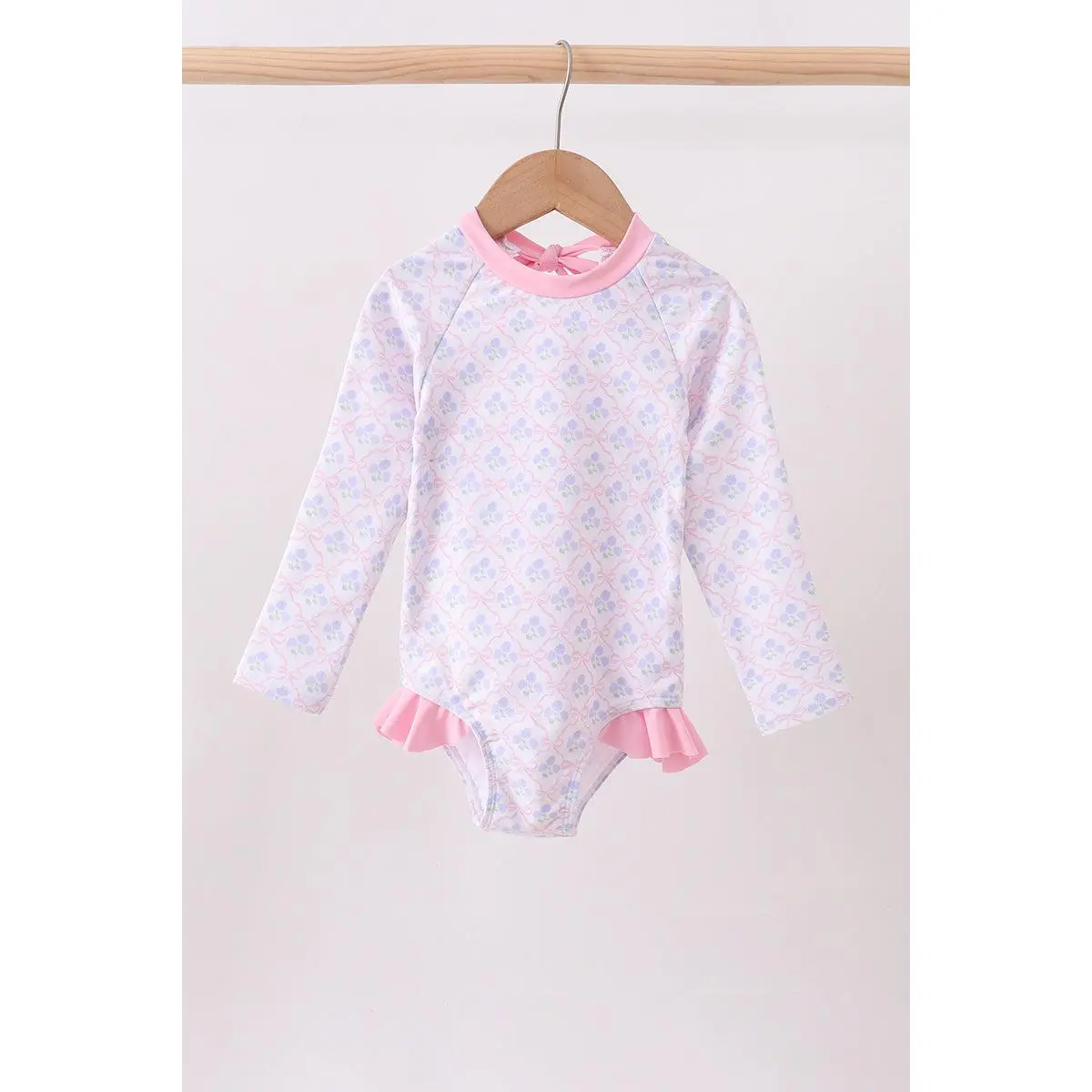 Pink floral print ruffle rashguard