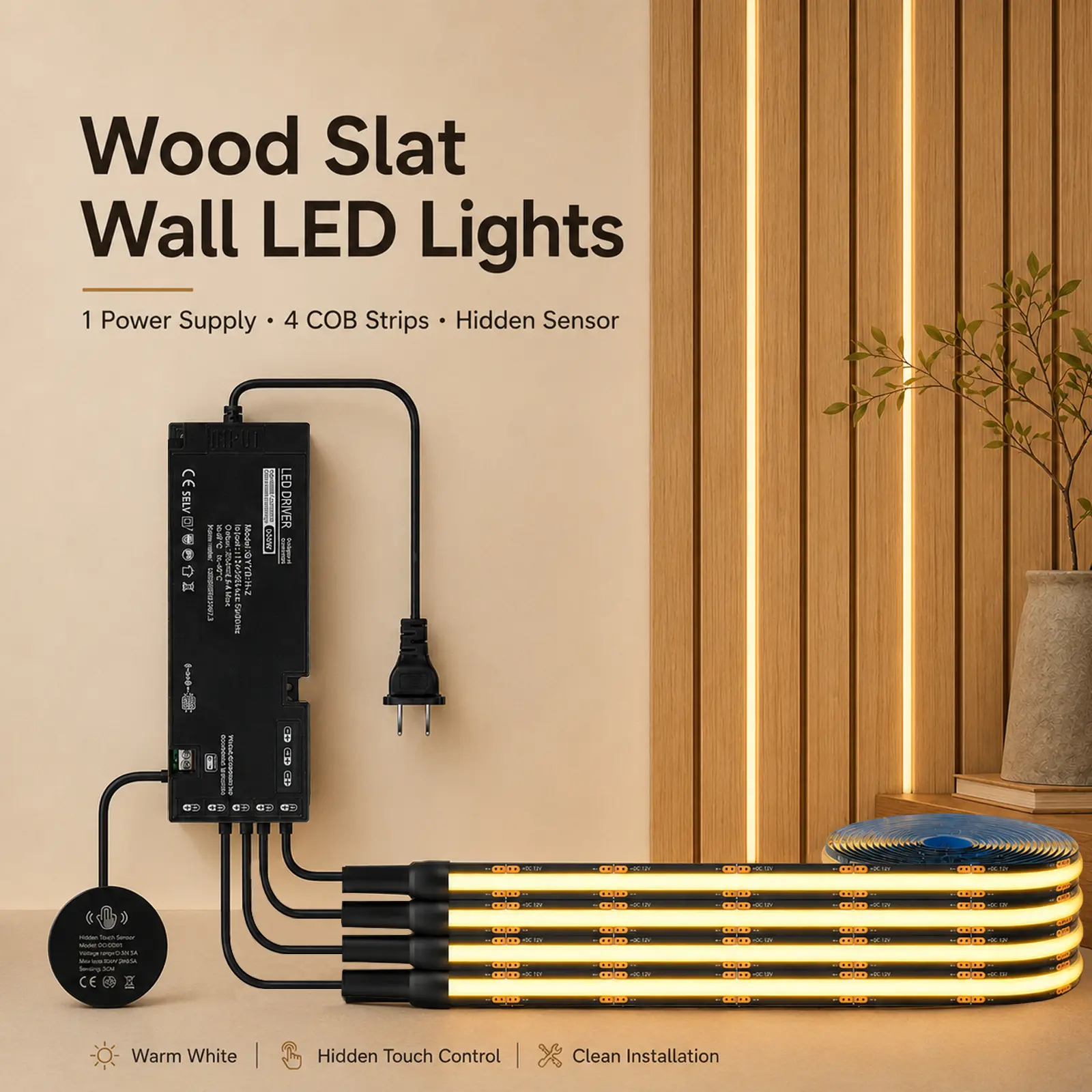 4-Pack 1m COB LED Strip Light Kit, Dimmable Sensor-Controlled, 4M / 13.1Ft Total Length, US Plug for Acoustic Slat Wall Panels, TV Backlighting, Shelves & Home Decoration