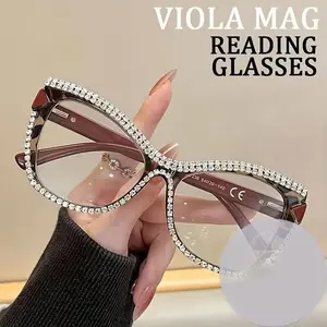New Women's Fashion Vintage Square Rhinestone Cat Eye Reading Glasses, Luxury Elegant PC Material, +1.0 to +4.0 Strength, Lightweight Durable, Trending Eyeglasses