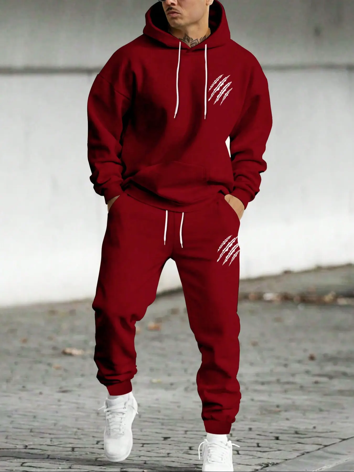 Men's Preppy Style Hooded Sweatshirt Set, Casual Long Sleeve Graphic Pullover, Casual Tracksuits, Fitted Fall & Winter Sports Wear, Trendy Men's Clothing, Winter outfits, Streetwear Tracksuit Set, Athleisure Set, Athleisure Tracksuit Sets