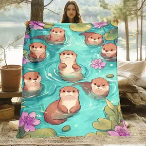 Adorable Otter & Lotus Flower Turquoise Throw Blanket