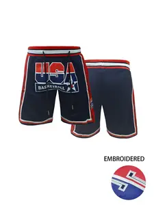 Men's USA Embroidered Basketball Shorts, Loose Fit Drawstring Gym Shorts with Pockets, Breathable Embroidered Design, Casual Outdoor Sports & Beach Wear, Athletic Basketball Shorts