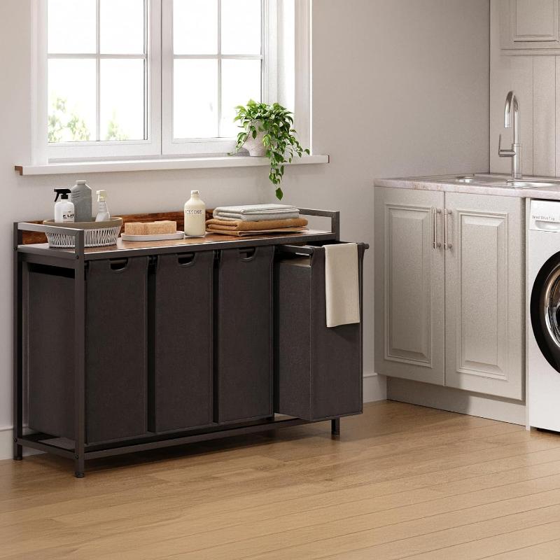 Laundry Hampers with Shelf, Laundry Basket 3 Section, Laundry Sorter with Pull-Out Removable Large 3 Color Bags and Movable Wheels, Metal Frame, 3 x 15.87 Gallons (60L), Rustic Brown PF04XLN