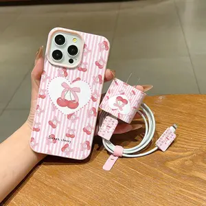 5-Piece Set with Textured Striped Design, Includes Charger Case, 2 Data Cable Sleeves, and Silicone Cable Tie for iPhone 11-16 Series