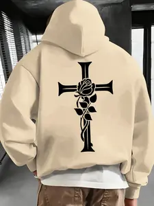 Men's Drawstring Hooded Loose Sweatshirt, Fall & Winter Casual Comfortable Hoodie, Rose and Christian Cross Print, Perfect Gift