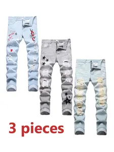3 Pack Men's Jeans, Blue & Grey & Light Blue Ripped Casual Denim Pants, Fashion Slim Fit Street Style Comfy Breathable Trouser, size 28 jeans Fabric Menswear Stylish Streetwear