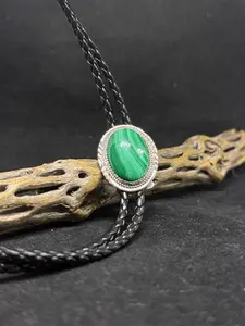 handmade Native American Navajo Malachite Sterling Silver mens bolo tie stamped & signed