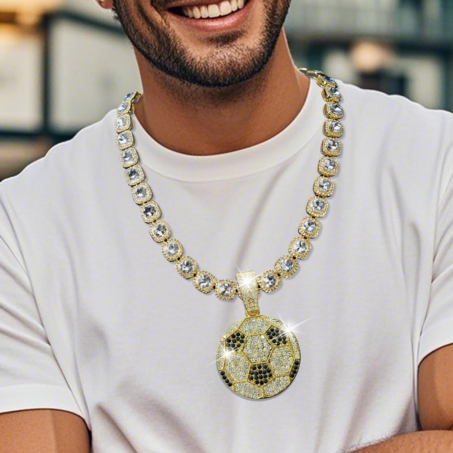 Football Pendant with Diamond Square Necklace Hip Hop Zircon Baguette Chain Tennis Chain with Football Pendant Ideal Jewelry for Sports Football Fans Men Women Boys Girls Daily Wear