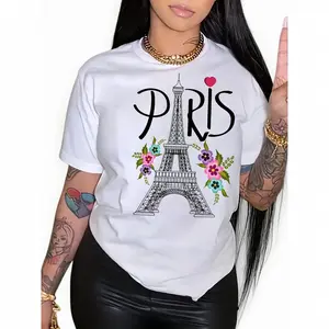 Summer/ Spring women's clothing, Paris Eiffel Tower printed T-shirt, short-sleeved crew neck casual top