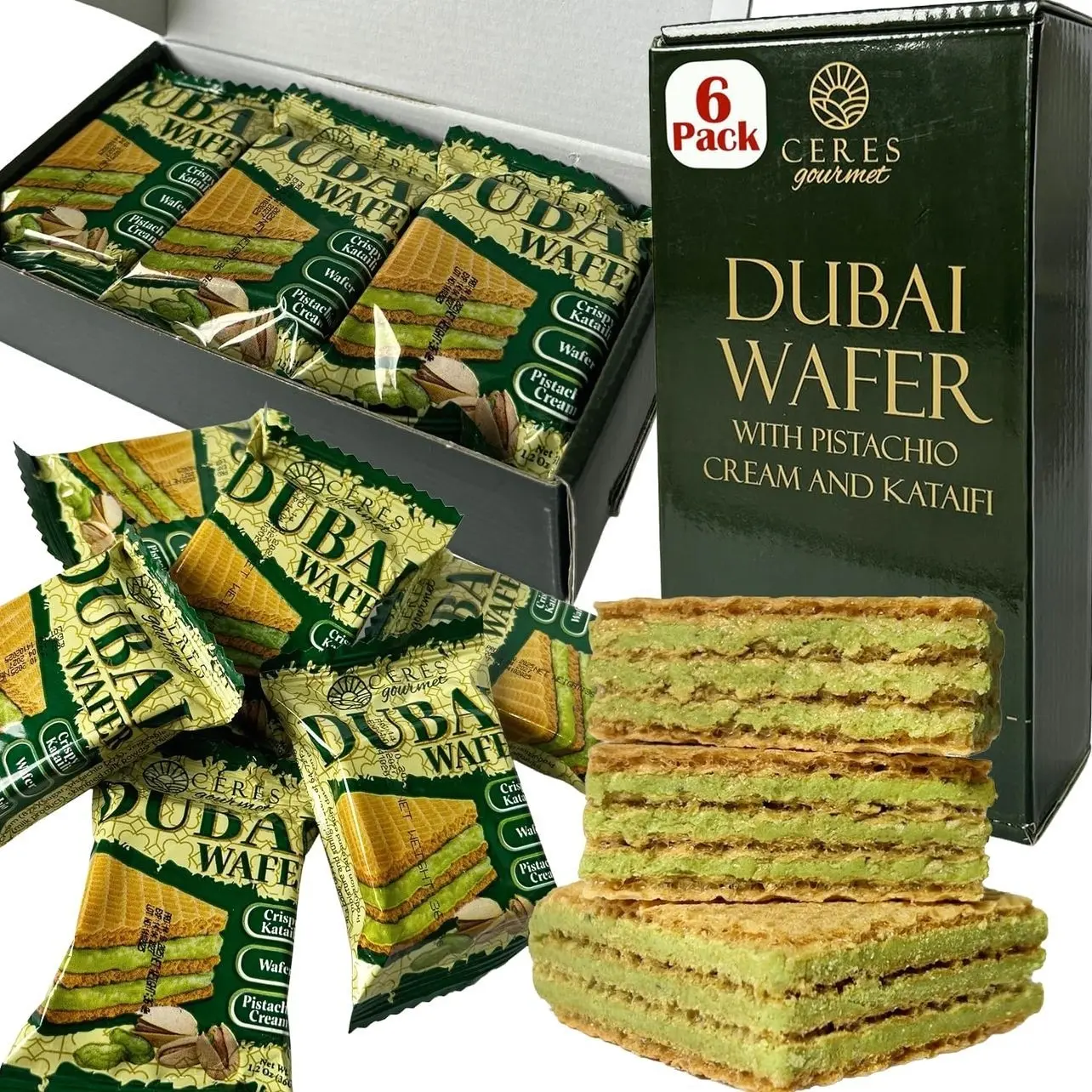 Ceres Gourmet Dubai Pistachio Wafer, 6 Pcs Crispy Kunafa Pistachio Wafer in Individually Pack – Gourmet Dubai Wafers for Christmas, Thanksgiving, and All Special Occasions