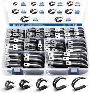 118 count  Clamps Assortment Kit,10 Sizes1/4" 5/16" 3/8" 1/2" 5/8" 3/4" 1" 1-1/4" 1-1/2" /4" Stainless Steel Rubber Cushion Insulated Wire Clamps for Hose,Tube,Automotive, Line