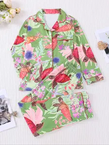 2-Piece Women's All-Over Turtle Print Pajamas Long-Sleeved Pants Suitable for All Seasons Top with Pocket Collar Lapel Loungewear Button-Down Cardigan Casual Set