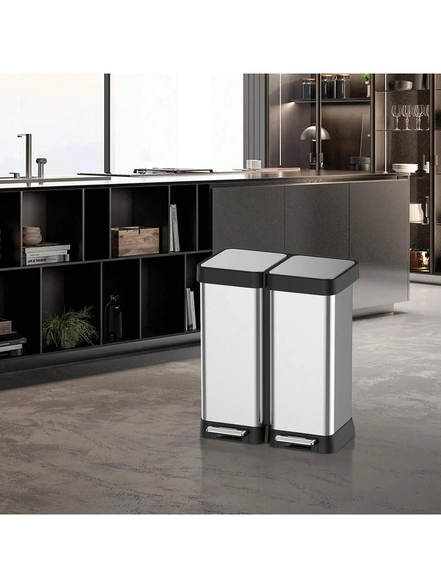 Gaomon 16-Gallon Wide Rectangular Stainless Steel Kitchen Bin - Streamlined Waste Sorting Dual 8-Gallon Compartment Bins, Compact Design, Silent, With Lid, No Inner Bucket