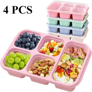 Bento Lunch Box with Reusable, Leakproof Lunch Box, 5 Compartment Bento Box for 4 Pack, Bento Snack Containers for Travel and Work, Meal Prep Containers