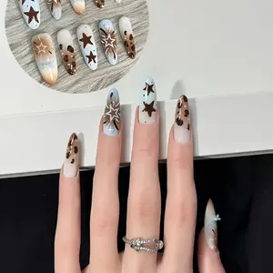 Vintage Colorblock Star Leopard Nail Art Stickers, Punk Style Half-Handmade Removable Nail Tips, Trendy Fashion Nail Accessories