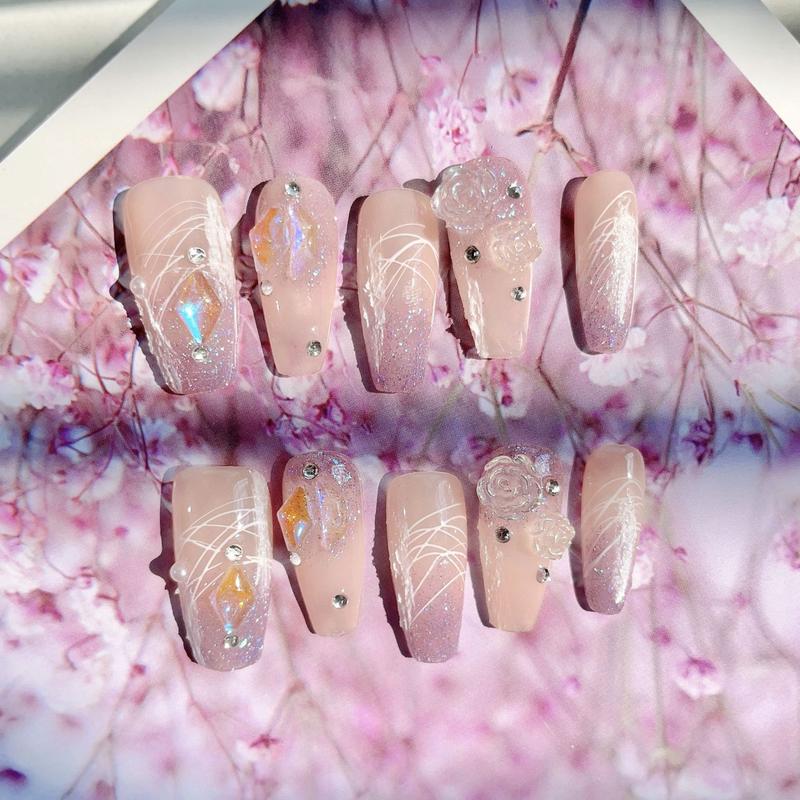 10Pcs Press on Nails Medium Almond Fake Nails with 3D Pearl Gold Beads Designs Stick on Nails 3D Flower Butterfly False Nails Spring Summer Acrylic Nails Silver Star Glue on Nails for Women