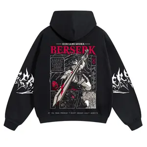 *Berserk*-themed action anime distressed wash sweatshirt series-Long Sleeve Cotton Unisex Vintage Hoodie