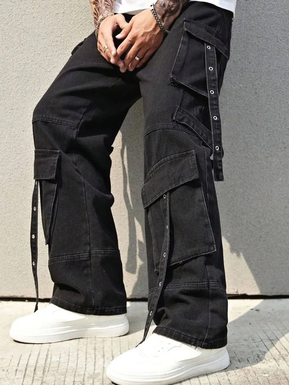 Men's Multi Pocket Straight Leg Workwear Jeans, Baggy Skater Cargo Style