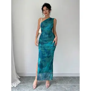 Ciel Fashion Selianne Women's Luxury Evening Gown, Tie Dye Print Asymmetric Neckline Sleeveless Sexy Dress