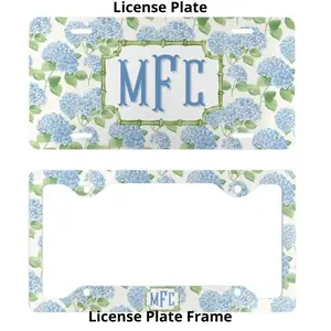 Blue Hydrangea Floral License Plate & Frame, Personalized Monogram Car Tag