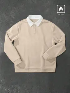 Men's Regular Fit Solid Color Polo Collar Sweatshirt, Casual Long Sleeve Pullover for Spring & Fall, Fashion Men's Top for Daily Wear, Hoodie