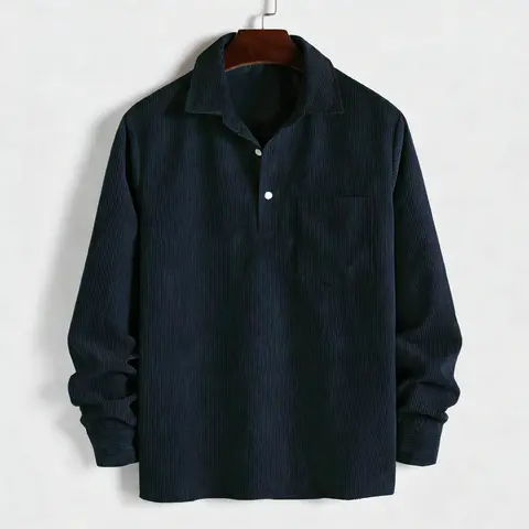 2026 New Men's Plain Pocket Half Button Corduroy Shirt, Casual Comfy Regular Fit Long Sleeve Collared Top For Fall & Winter, Men's Clothes For Daily Wear Stylish