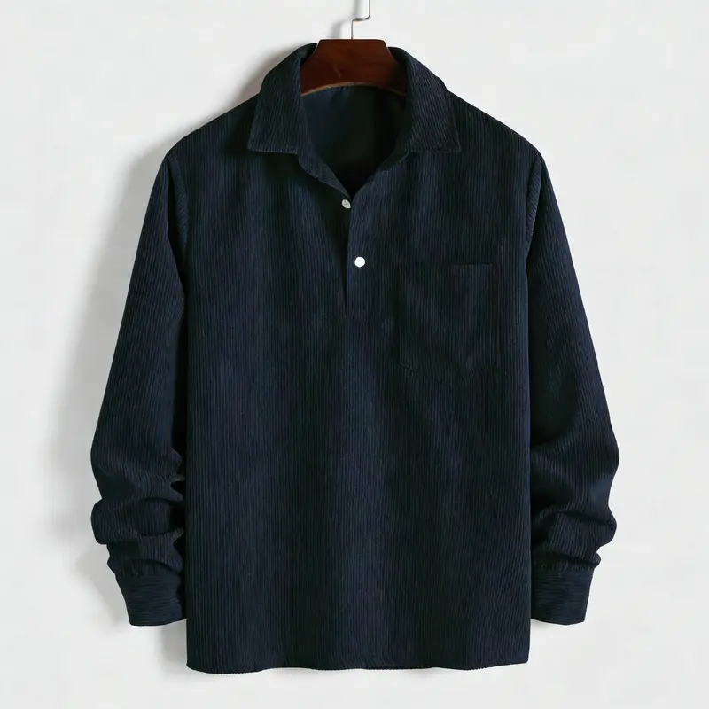 2026 New Men's Plain Pocket Half Button Corduroy Shirt, Casual Comfy Regular Fit Long Sleeve Collared Top For Fall & Winter, Men's Clothes For Daily Wear Stylish