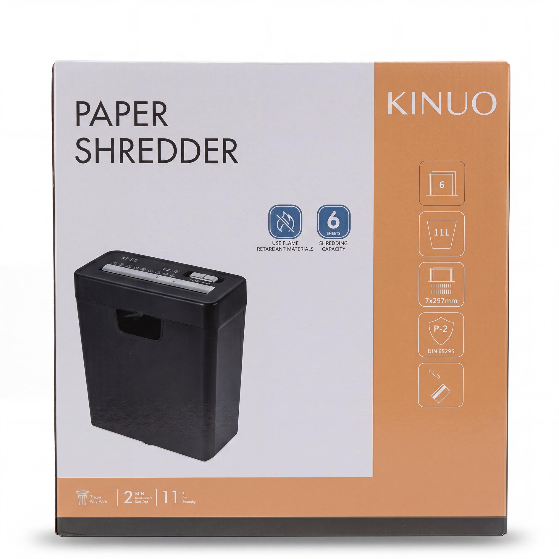 KINUO 6-Sheet Paper Shredder, P2 Security Strip-Cut Shredder with Anti-Jam System, Portable Office Home Shredder KINUO 6-Sheet Paper Shredder, P2 Security Strip-Cut Shredder with Anti-Jam System, Portable Office Home Shredder