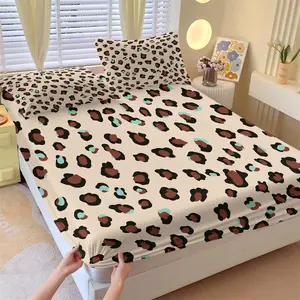 Macaron Leopard Print Fitted Sheet Set and 2 Coreless Pillowcases, Dark Brown, Black and Mint Green Leopard Print Mattress Protector, Soft Anti-Slip Wrinkle-Resistant, Vintage Sweet Bedroom Decor, Gift Choice