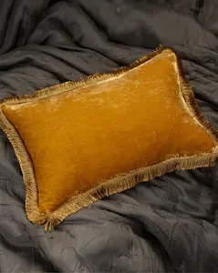 Silk Velvet Fringed Cushion in Saffron