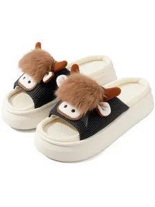Cute Cow French Bulldog Cartoon Thick Sole Slippers, Heightening Slimming, Home and Outdoor Versatile Plush Cool Slipper