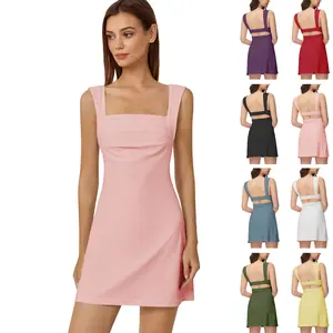 Cakulo Basic Casual Mini Dress with Houndstooth Shorts Straps Suit Pink Sleeveless Nylon Backless Skirt Square Neck Summer Olive Green Minimalist Style Womenswear Cutout birthday dress elegantoutfits