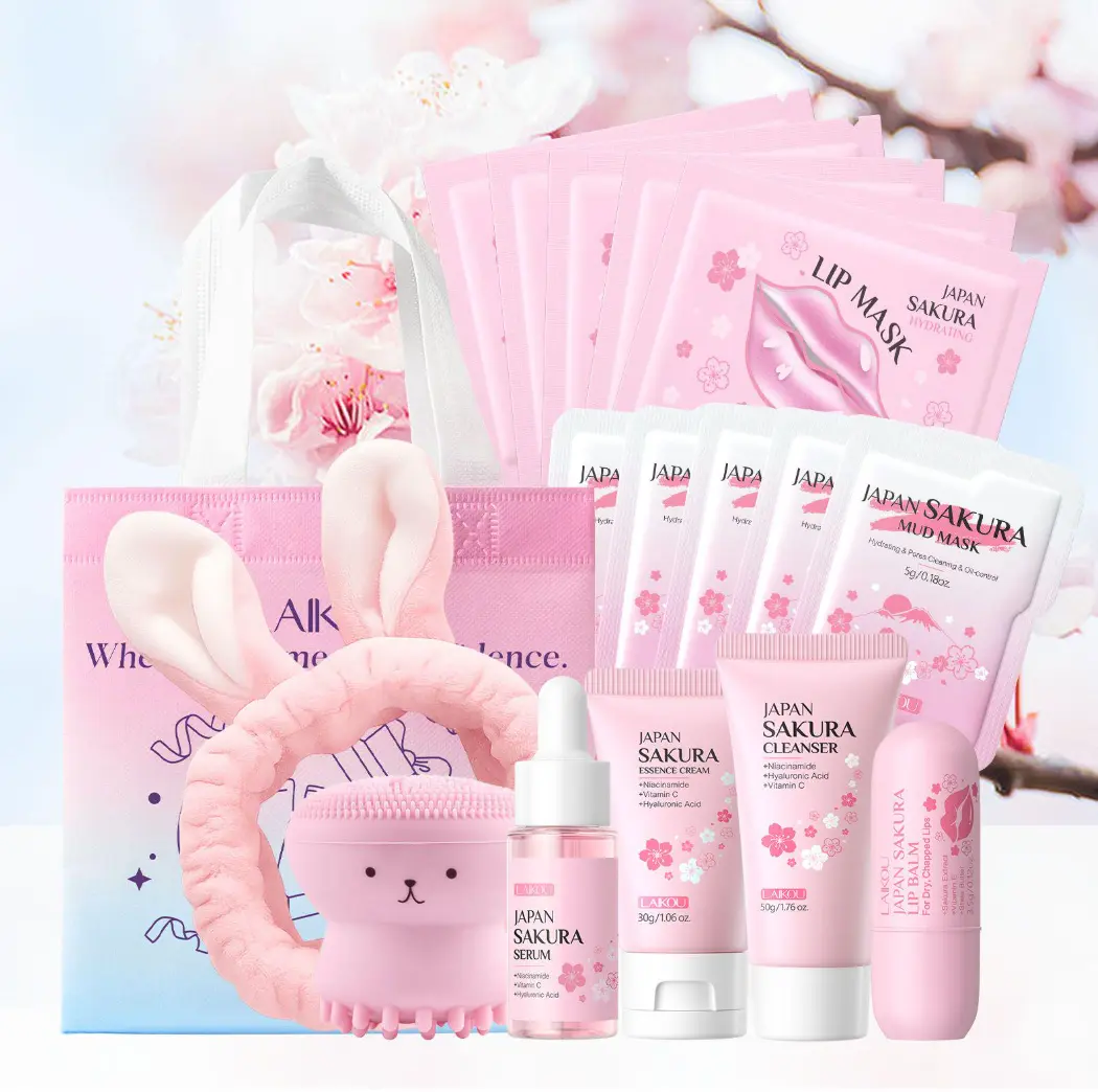 16pcs LAIKOU Sakura Skincare Set, Portable for Travelling, Moisturizing, Contain Sleeping Mask, Mud Mask, Moisturizing Cream, Serum, Cleanser, Hair Band, Cleansing Brus, Gift Bag, Ideal Birthday Gift for Friend, Mother