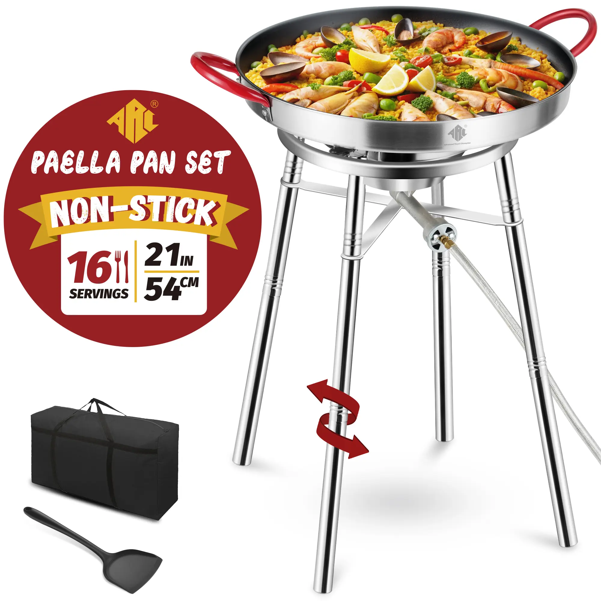 Nonstick Paella Pan, 37,000 BTU Stainless Steel Paella Burner and Stand Set, Paella Pan Set with Propane Burner Head, Carry Bag, Wok Spatula, Foldable Brackets