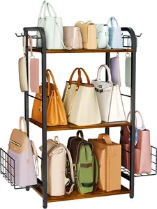 Rustic Black 3-Tier Floor-Standing Purse Organizer Rack with Adjustable Feet, Side Hooks & Baskets for Purse Storage | High-Capacity Iron & Wood Bag Holder | Closet Organizer & Hanging Wooden Shelf for Handbags Hangable