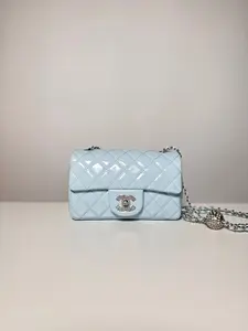 Pre-owned leather Shoulder Bags Chanel Classic Flap Bag in Light Blue Patent with Silver Hardware