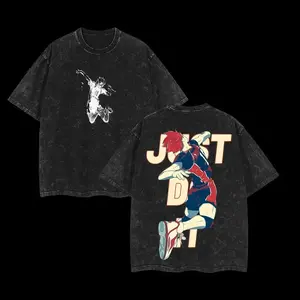 Men's Vintage Washed Haikyuu Shoyo Hinata Printed T-Shirt, Retro Anime Cotton Short Sleeve, Crewneck Loose Casual Streetwear Daily Top, Anime Volleyball Style Crewneck Short Sleeve, Streetwear Sports Top, Perfect for Anime and Sports Enthusiasts