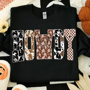 Howdy Western Halloween Ghost Shirt, Cowboy Checkered Fall Letters Sweatshirt, Spooky Rustic Mama Mom Design