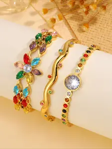 3pcs Light Luxury Elegant Stainless Steel Retro Style Colored Crystal Bracelet Set Jewelry Bracelet Design, Suitable for Dating, Party Parties, Daily Commuting, It is an excellent gift to enhance elegant temperament