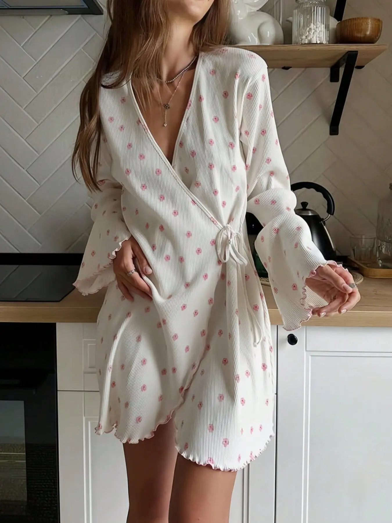Women's Knit Print Long Sleeve Sleepwear Set Pajamas, Summer Autumn Winter Two-Piece Home Loungewear, Comfortable Nightgown & Camisole Combo
