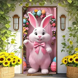 1PC Reusable Polyester 2D Flat Easter Door Banner - Cute Pink Bunny & Egg Themed Ornaments, Door Curtain, Home Backdrop for Easter Festival, Birthday Party, Spring Indoor-Outdoor Hanging Home Decor