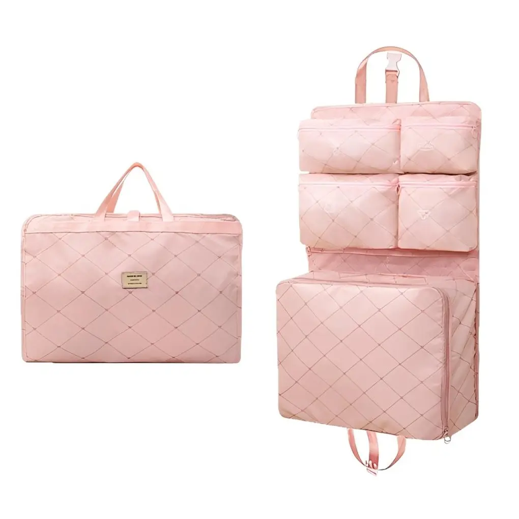 Hanging Travel Organizer, Foldable 7-Compartment Packing Cube for Clothes & Accessories, Fits 20-in Carry-On, Pink, 5 Compartments + 2 Mesh Pockets, 8 Oz